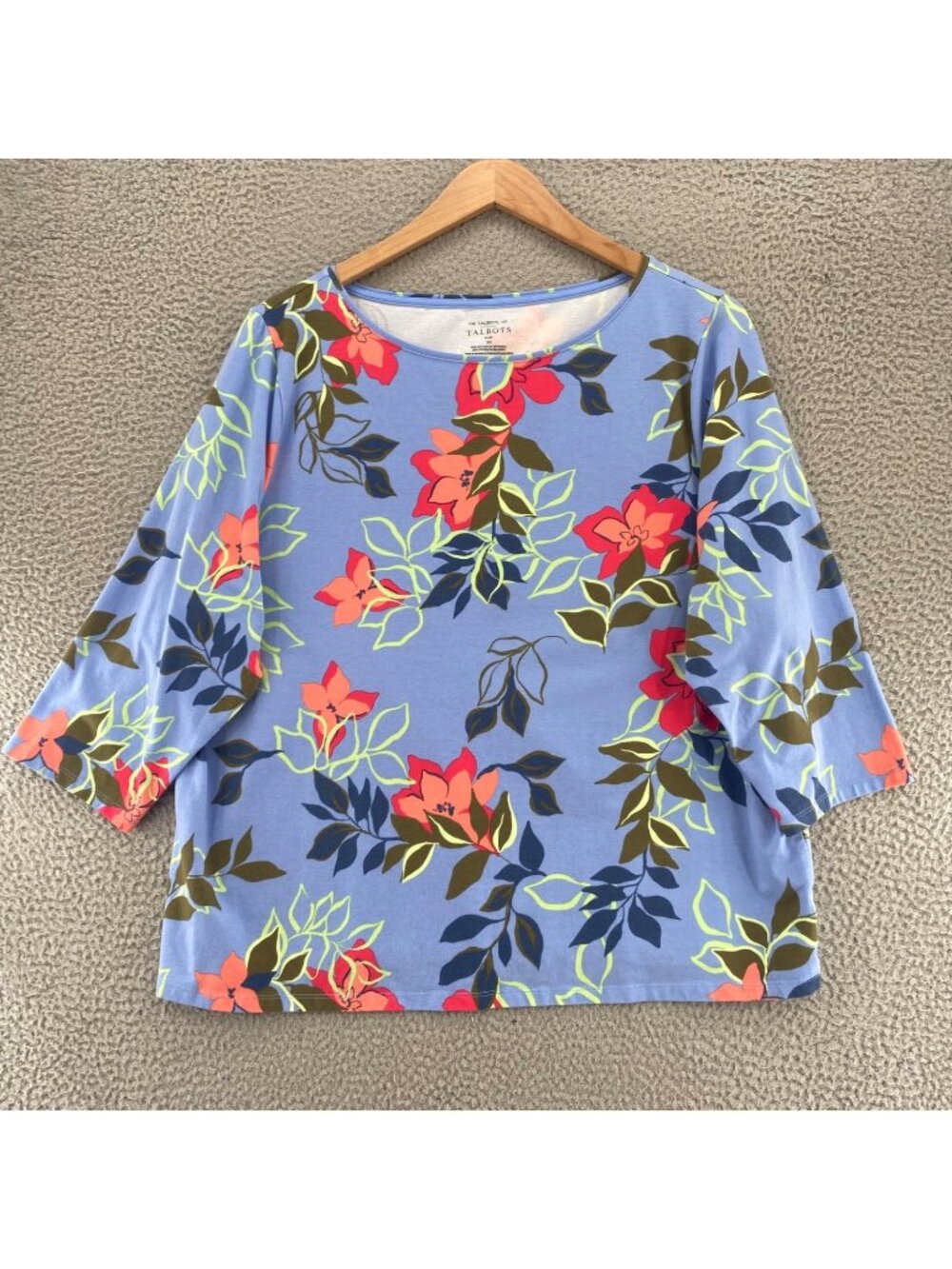 Talbots Top Womens 3X Blue Floral Tee Cotton Stretch Knit 3/4 Sleeves Boat Neck